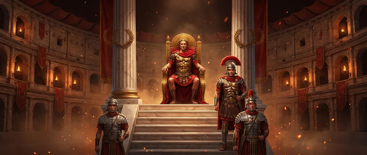 Cesarz na złotym tronie na szczycie pięciu schodów, niżej legioniści rosnących rang