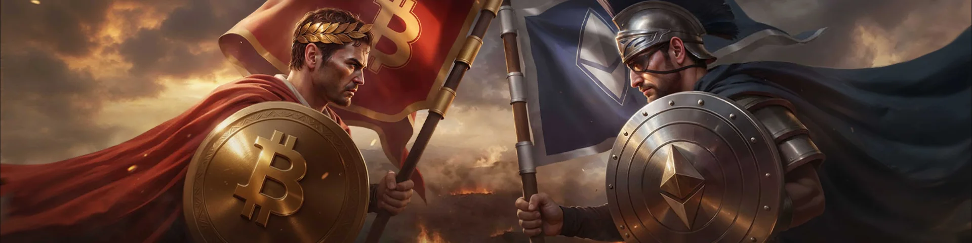 Cezar z tarczą Bitcoin i legionista z tarczą Ethereum pod sztandarami